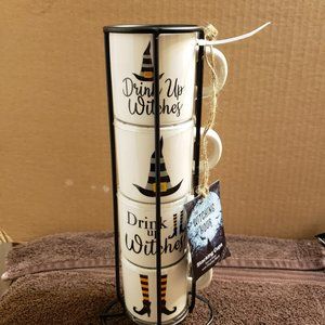 NEW Stackable Stacking Cup Mug Set with Holder Halloween Drink Up Witches